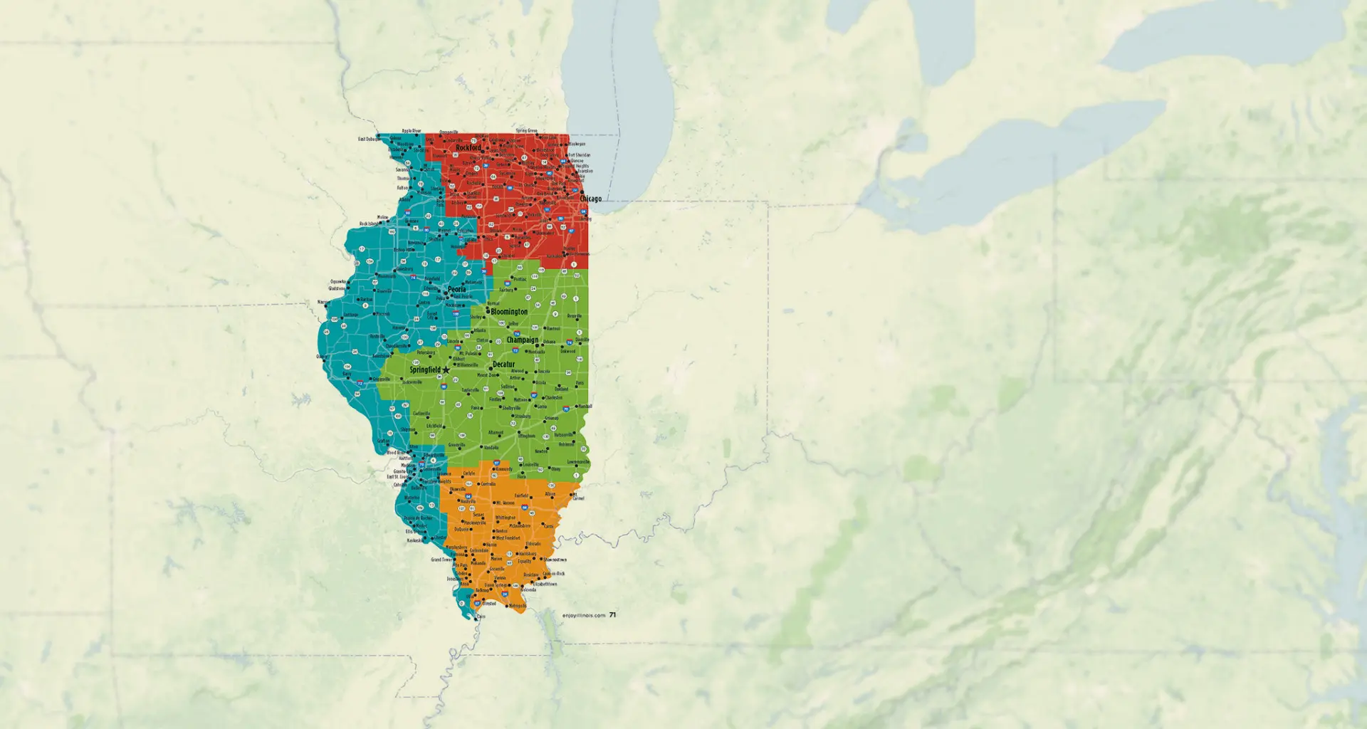 Map showing the 4 regions of Illinois